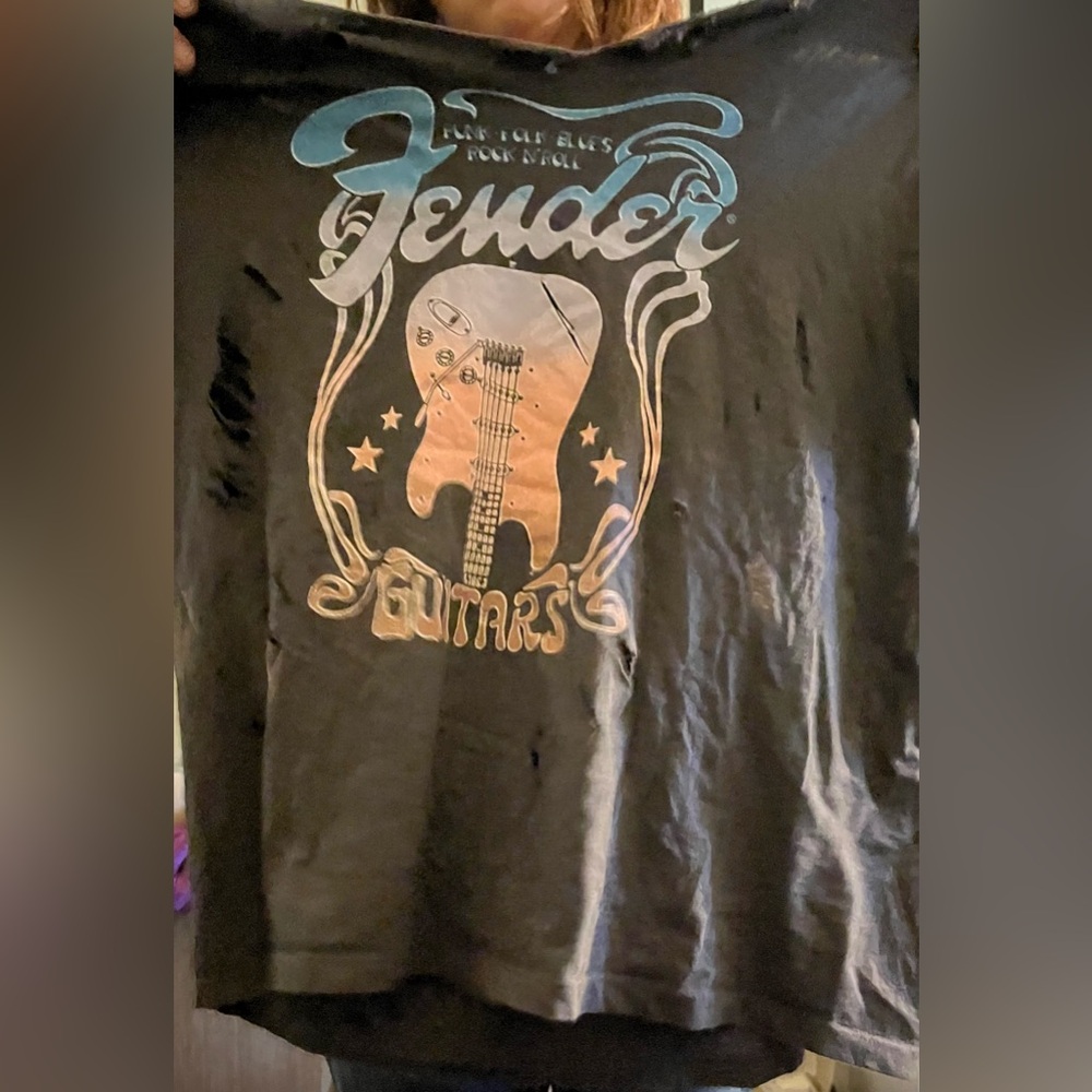 fender guitar T-shirt with stylistic holes